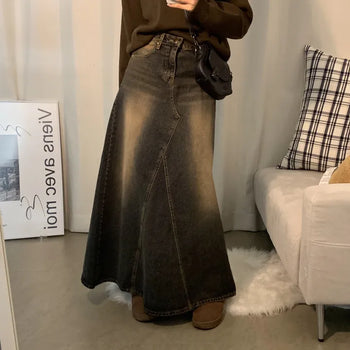 [FW New Arrival] Romi Vintage Washed Denim Wide Long Skirt