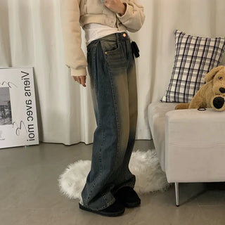 Side vintage wide denim long pants