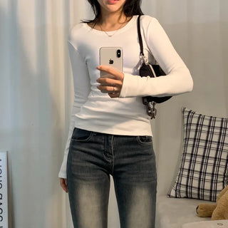 [Fleece-lined/Slim Fit] Hit Stretchy Round Plain Inner Long Sleeve Tee (6 colors)