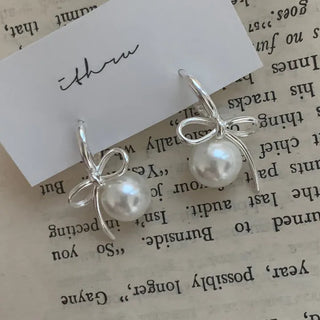 Pearl Big Ribbon One-Touch Ring Earrings Silver Gold
