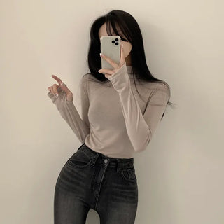 Fits perfectly under a coat, Turtleneck Plain Warmer Fleece-lined Long-sleeve T-shirt