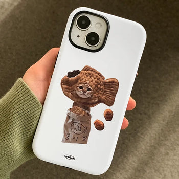 Matte Hard Bumper iPhone Case with Cat Wearing a Fish-Shaped Bread Hat