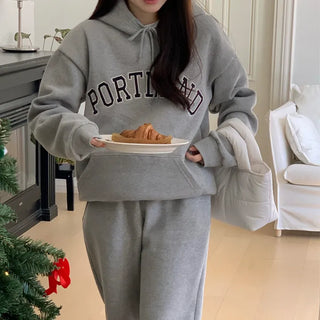 Thick Double-Fleece Tracksuit Set Hoodie + Jogger Pants / Wide Pants Set  Winter Training