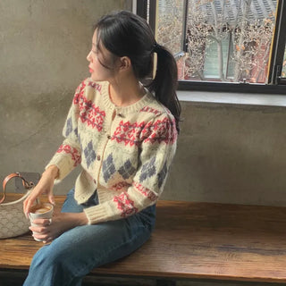 Kinder Wool Nordic Jacquard Round Neck Crop Knit Cardigan