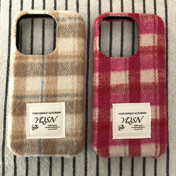 Letter Peach Brushed Check Pattern Leather iPhone Case