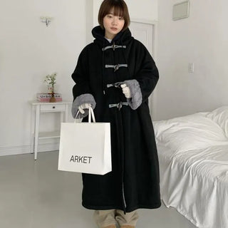 Oversized long fleece duffle hooded parka