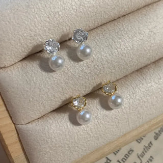 Mini Pearl Cubic Stud Earrings Silver Gold