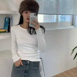 Thick, Stretchy Fleece Round Neck Long Sleeve T-shirt