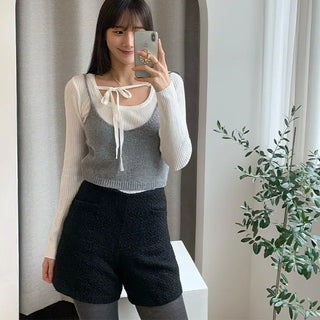 Strap Ribbon Ribbed Long Sleeve Knit T-shirt