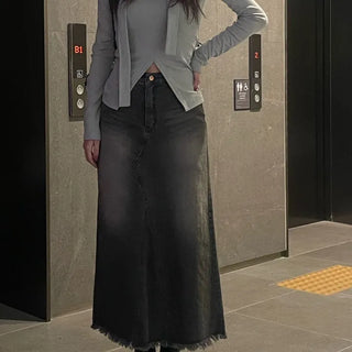 Ensi Washed Black Denim Back Slit Long Skirt