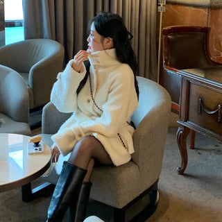 Berlin Boucle High-Neck Belted Half Coat