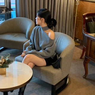 Font Wool Shoulder Cutout Oversized Turtleneck Knit