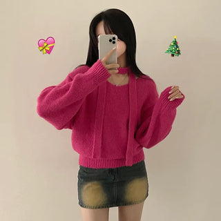 Full of delicate charm, Wool Choker Muffler V-neck Loose Long Sleeve Knit