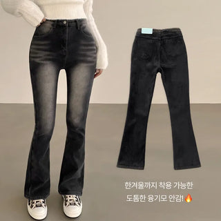 Hot and Warm, High-Waisted Washed Fleece-Lined Bootcut Denim Pants