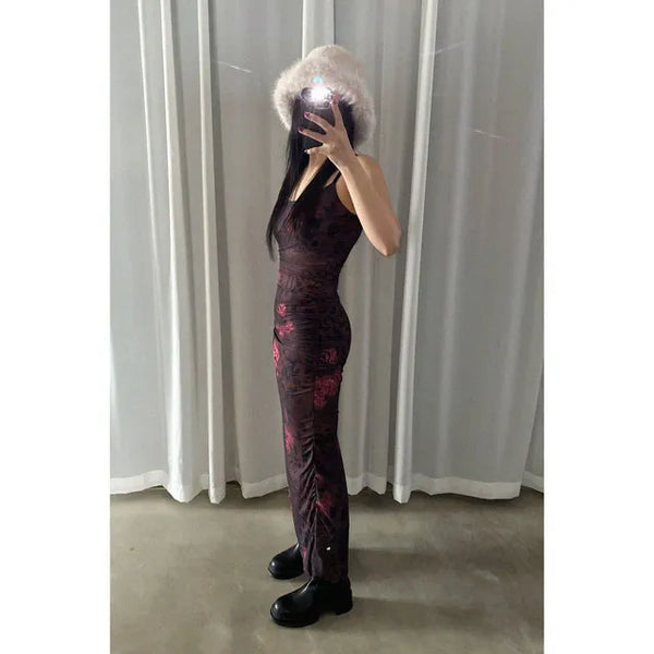 Leopard flower shirred slit dress