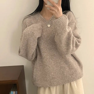 Thick Cashmere Wool Alpaca V-Neck Loose Long Sleeve Knit Full of Delicacy