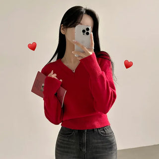 Daily, Thick Plain V-neck Crop Long Sleeve Knit