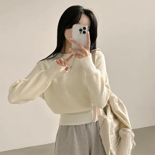 Daily, Thick Solid Round-neck Crop Long Sleeve Knit