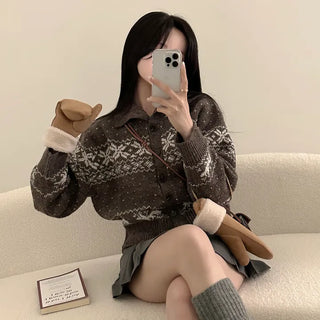 Full of Winter Vibes, Nordic Snowflake Collar Avant-Fit Knit Cardigan