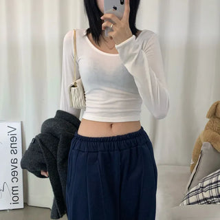 [Fleece-lined/Slim Fit] Daily Crop Fleece-lined Layered Inner Plain Long Sleeve Tee (7 colors)