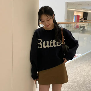 Butter Lettering Round Neck Oversized Knit