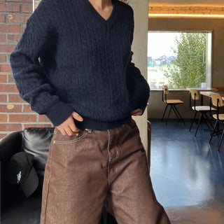 Wool V-neck Cable Knit Loose Fit Long Sleeve Knit
