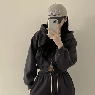 Cute oversized fit, daily plain two-way cropped fleece-lined zip-up hoodie