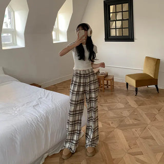 Check warm elastic waist pants