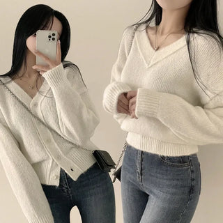 Delicate Two-way Wool V-neck Loose Crop Knit Cardigan