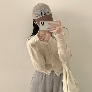 Cinched Waist, Wool V-Neck Cropped Long Sleeve Knit Cardigan