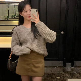 Toe Wool Heathered Raglan V-Neck Loose Fit Knit