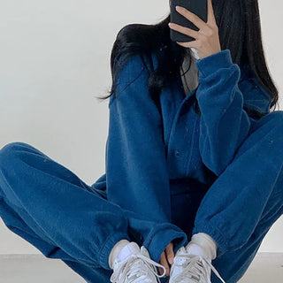 Fleece-lined V-neck Cardigan + Elastic Waist Jogger Pants Two-Piece Training Set