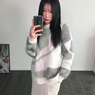 Unique Brush Print Knit Oversized Unisex Couple Knit