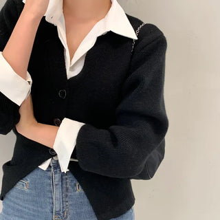 Rebold Puff Ribbed Cut V-Neck Knit Cardigan