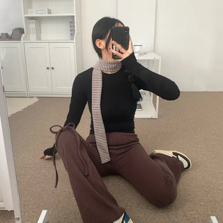 Cross Ribbon Bootcut Ribbed Knit Elastic Waist Pants