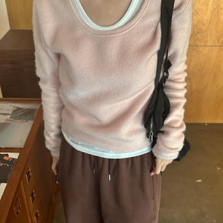 Fluffy U-neck Mohair Long Sleeve Tee