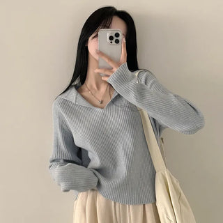 Slimming Fit, Sailor Collar Ribbed Raglan V-Neck Long Sleeve Knit