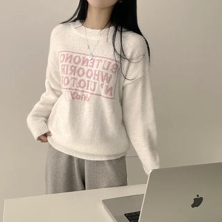 Cotton Candy Softness, Angora Lettering Loose Fit Long Sleeve Knit