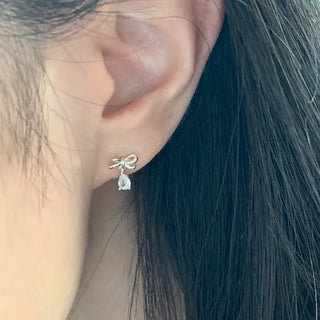 Petite Mini Ribbon Cubic Dangling Earrings Silver Rose Gold