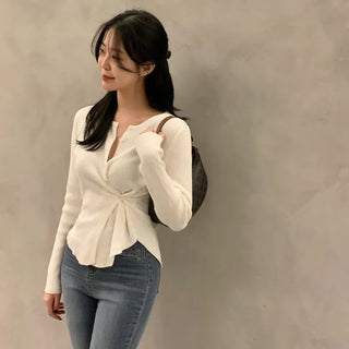 Prim Asymmetrical Side Button Two-Way Ribbed Knit Cardigan