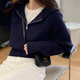 22% Wool Crop Hooded Knit Half-Zip  Knit Zip-up