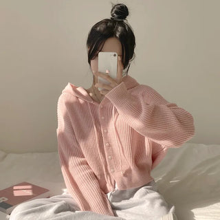 Cute Avant-garde Fit, Cotton Candy Hazzi Crop Hooded Long Sleeve Knit Cardigan