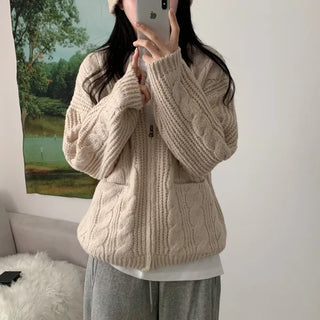 [Loose Fit/Delicate Mood] Cable Knit Pocket Zip-Up, Easy to Throw On (4 Colors)