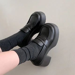 9cm◈Platform Loafers Block Heel Chunky Teen Y2K Loafer Heels Pumps Flats Height-increasing Four-Season Shoes