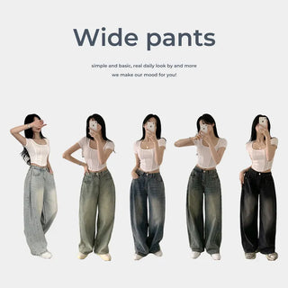 The hip pants I've been looking for! High-waisted Side-Folding Vintage Washed Long Wide Denim Pants