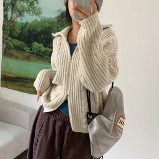 [Two-way ver./Effortless Chic] Cable Knit Loose Fit High Neck Hazzi Zip-Up Cardigan (5 colors)