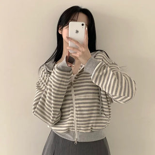 Flowing Delicacy, Waffle Color Block Striped Two-Way Crop Zip-Up Hoodie