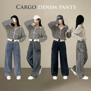 The Fit I've Been Looking For, Back Elastic High-Waisted Pintuck Cargo Pocket Wide Denim Pants