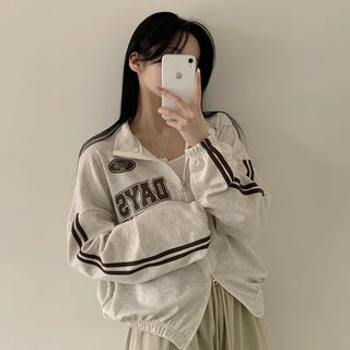 Two-way Lettering Boxy Cotton Long Sleeve Zip-up Full of Delicacy