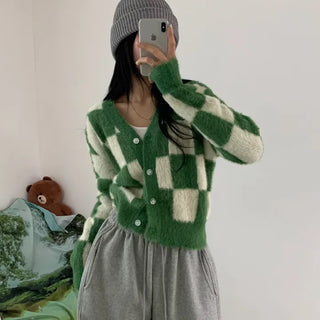 Mohair Mink Check Crop Knit Cardigan (3 colors)